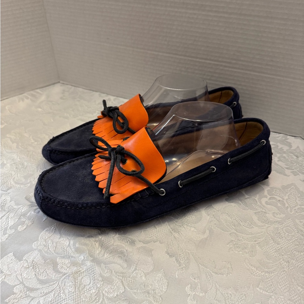 Cole Haan 11M Driving Moccasins Shoe Blue‎ Leather Orange Fringe Kiltie  Preppy